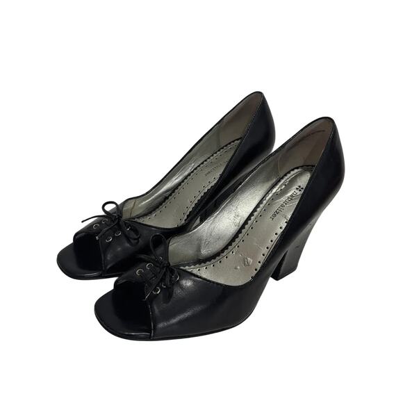 Y2K lace up peep toe black leather pump 9 - Picture 1 of 6